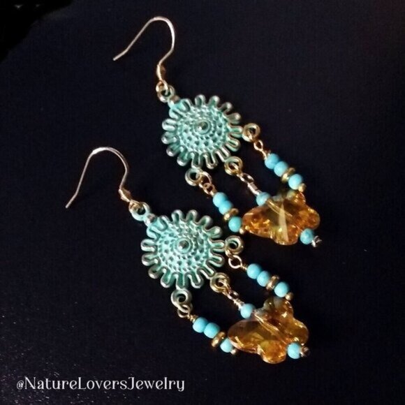 Upbeat! Boho! Playful Butterfly Chandelier Earrings! Yellow + Aqua + Turquoise - Picture 3 of 8